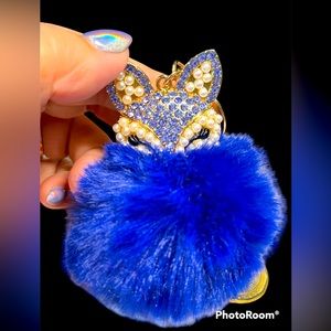 🖤furry 🦊 FOX purse bling key chain with ROYAL BLUE FUR and gold accent